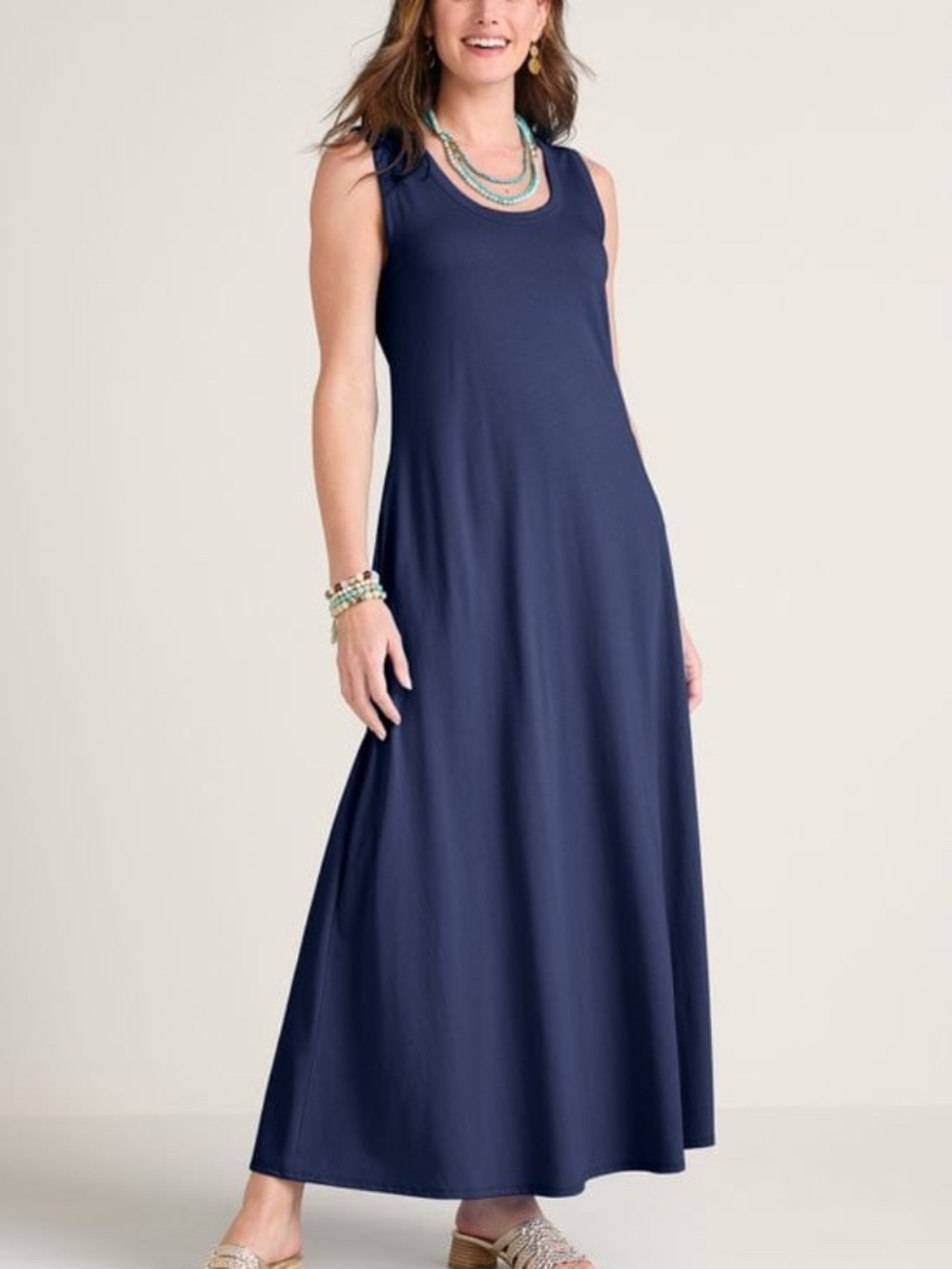 Soft Surroundings - Sleeveless Scoop Neck Maxi Navy Blue Cotton Dress - 3X